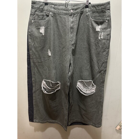 Cider Jeans Women’s Size 2XL Black & Green Denim Wide Leg Work Pants Distressed - Picture 1 of 7